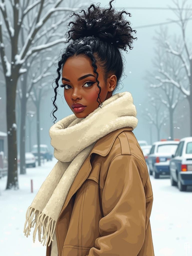 Gouache Art Style of African American Woman Walking in Winte...