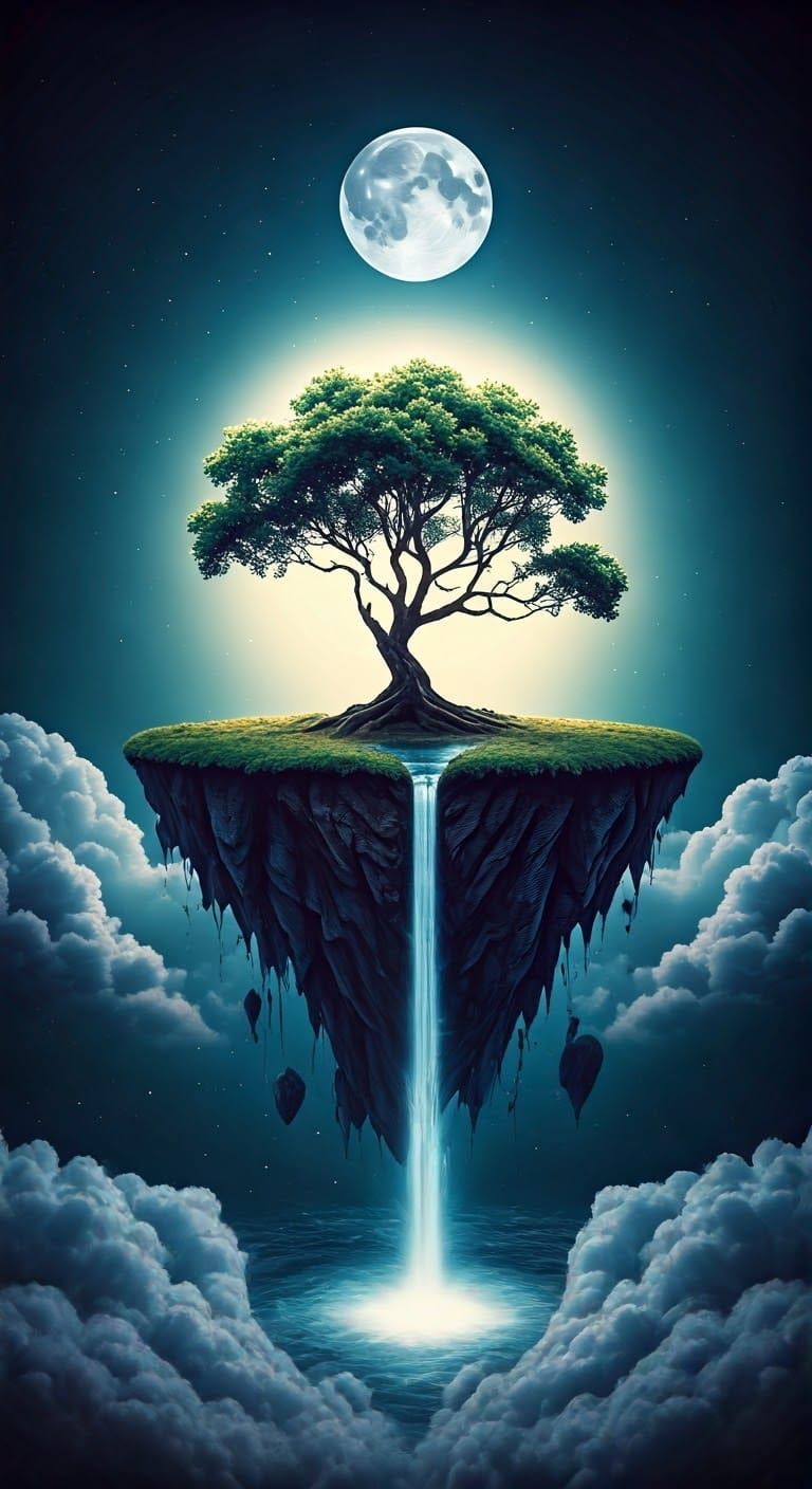 Mystical Floating Island Under Moonlight in Dreamlike Style