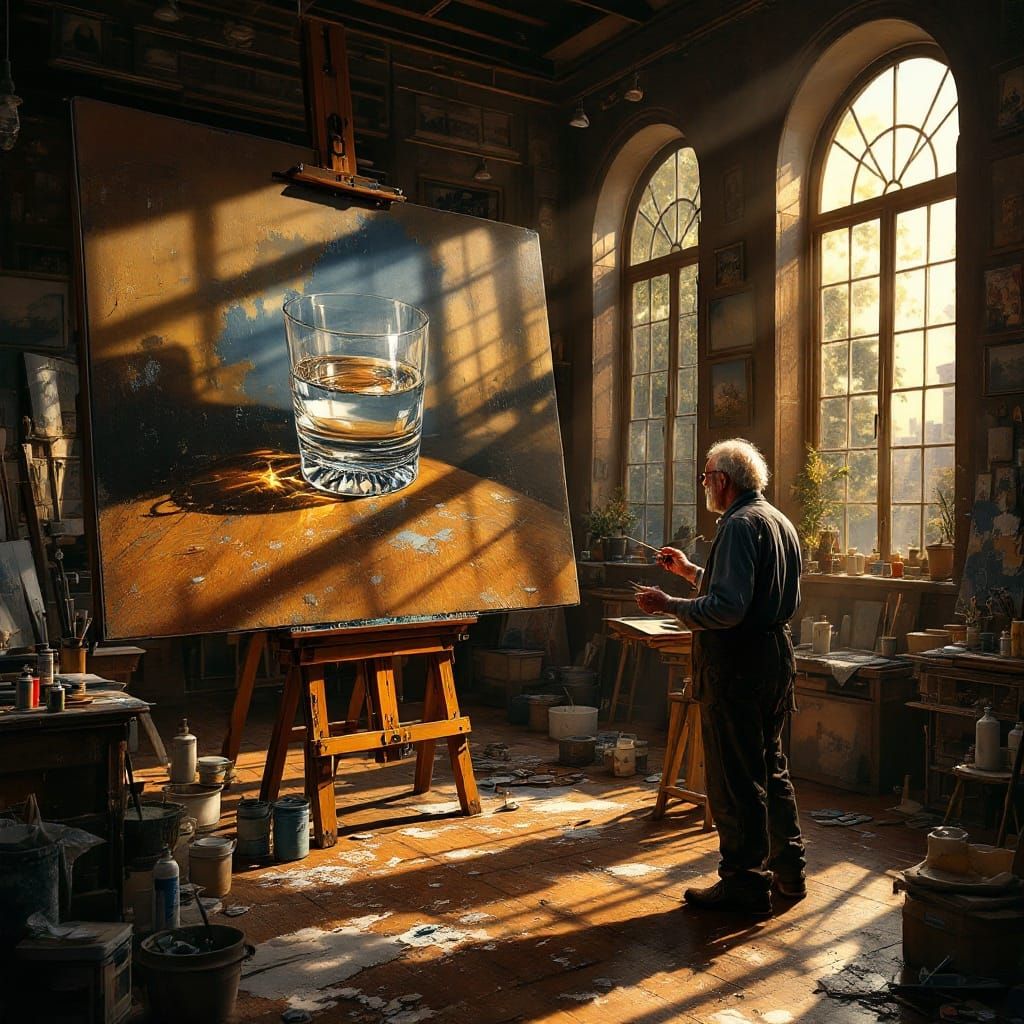 Artist's Grand Studio with Hyperrealistic Oil Paintings