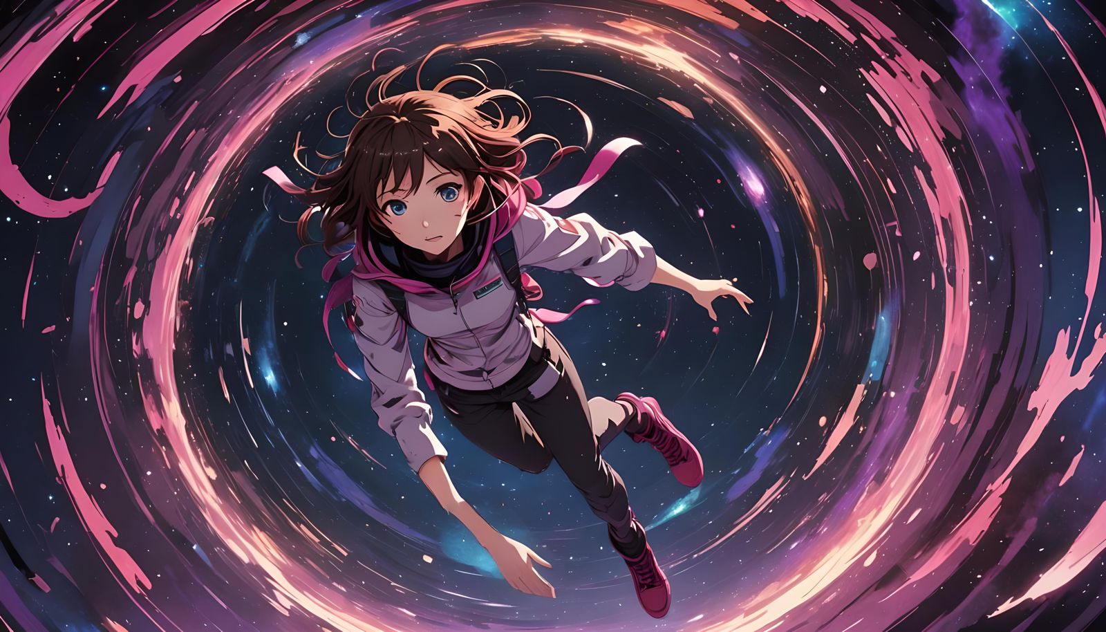 short brown hair blue eyed anime girl falling into a black h...