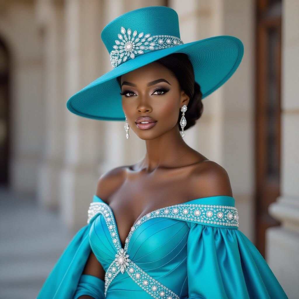 Black Woman in Turquoise Gown with Diamond Hat