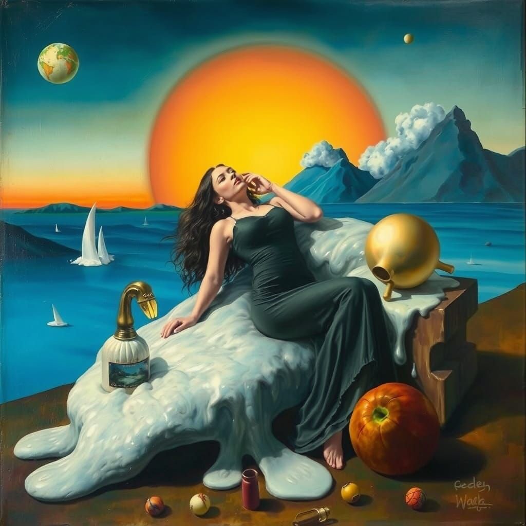 Dreamlike Woman in Surrealist Landscape, Oil on Canvas