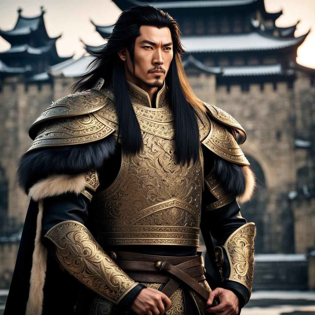 Asian King Warrior with Golden Crown and Castle