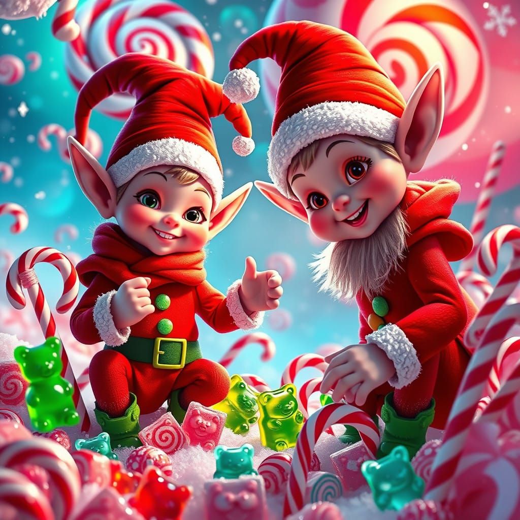Vibrant Christmas Elves in a Sugary Wonderland