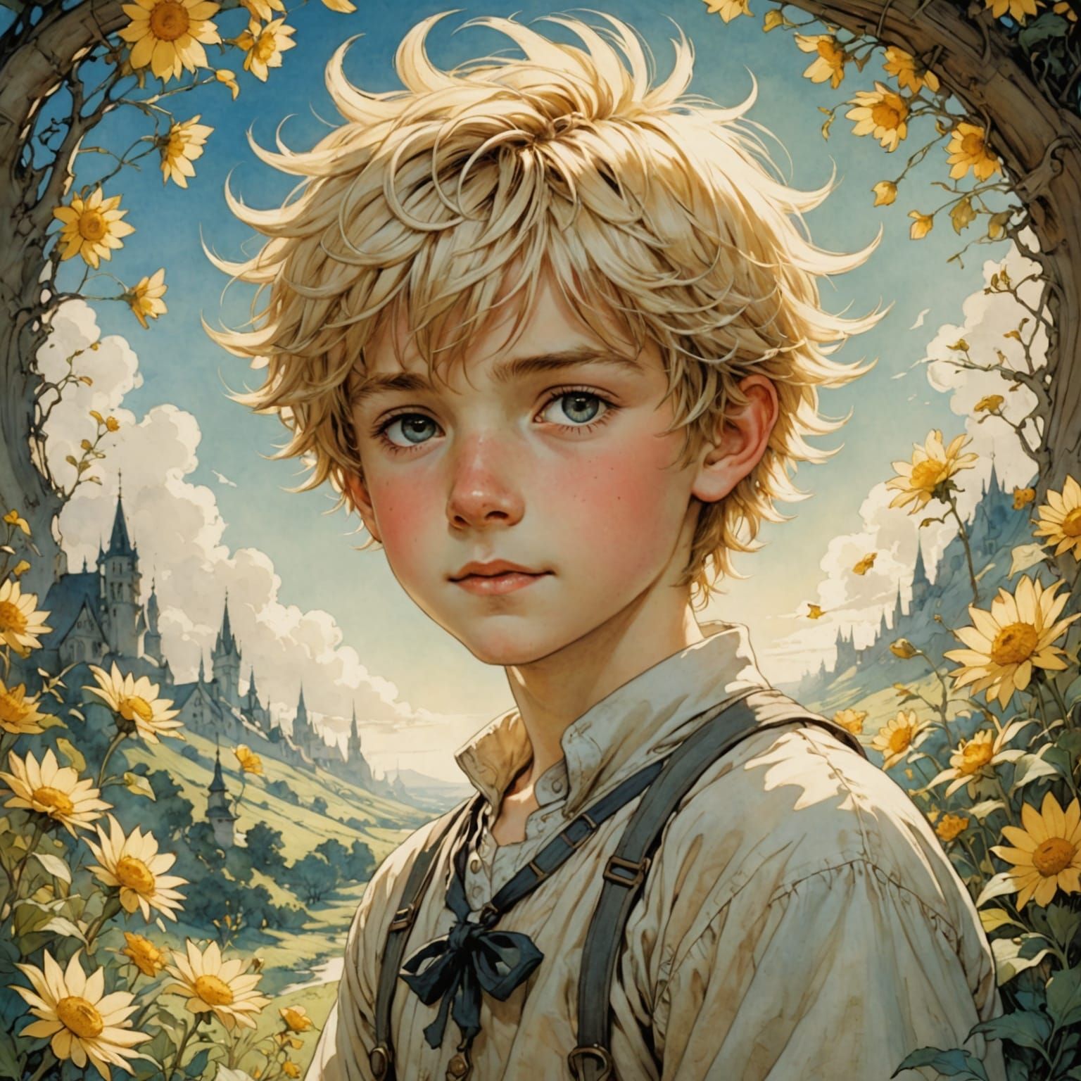 A Cheerful Boy Among Radiant Wildflowers