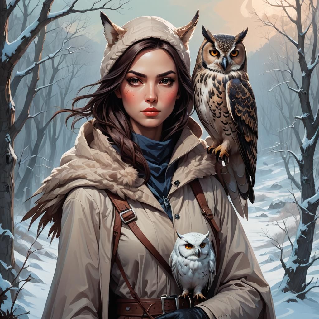 A beautiful huntress with an owl companion, in a winter vall...