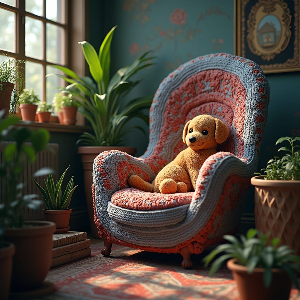 Cozy Crochet Chair with Dog, Detailed Matte Painting