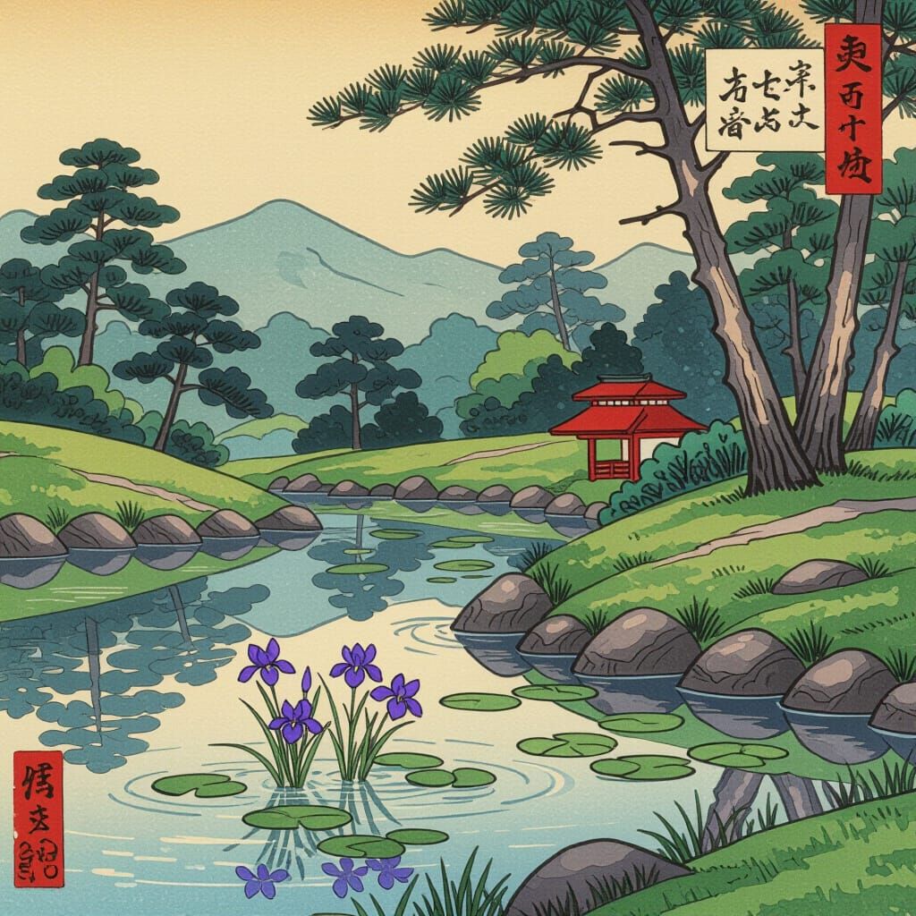 Ukiyo-e Japanese Pond with Faint Purple Irises