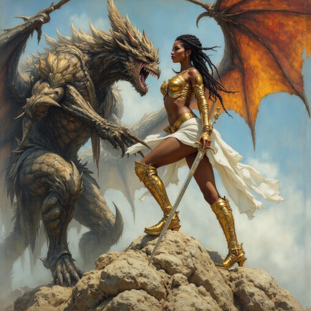 Goddess Confronts Demon on Mountain in Hyperrealistic Style