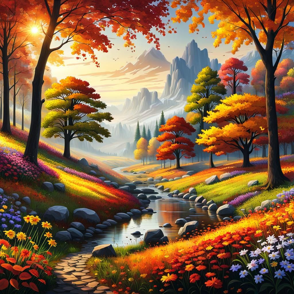 Autumn Scenery Landscape with Autumn Flowers