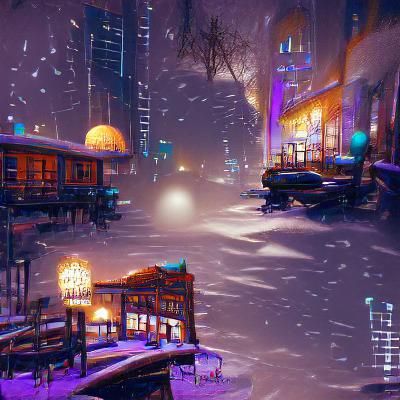 Nostalgic Snowy Night Downtown Concept Art