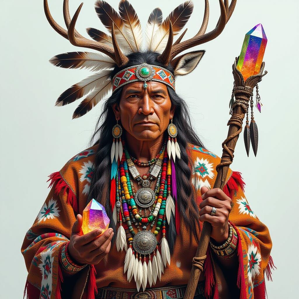Ancient Shaman with Crystal Staff, Hyperrealistic Style