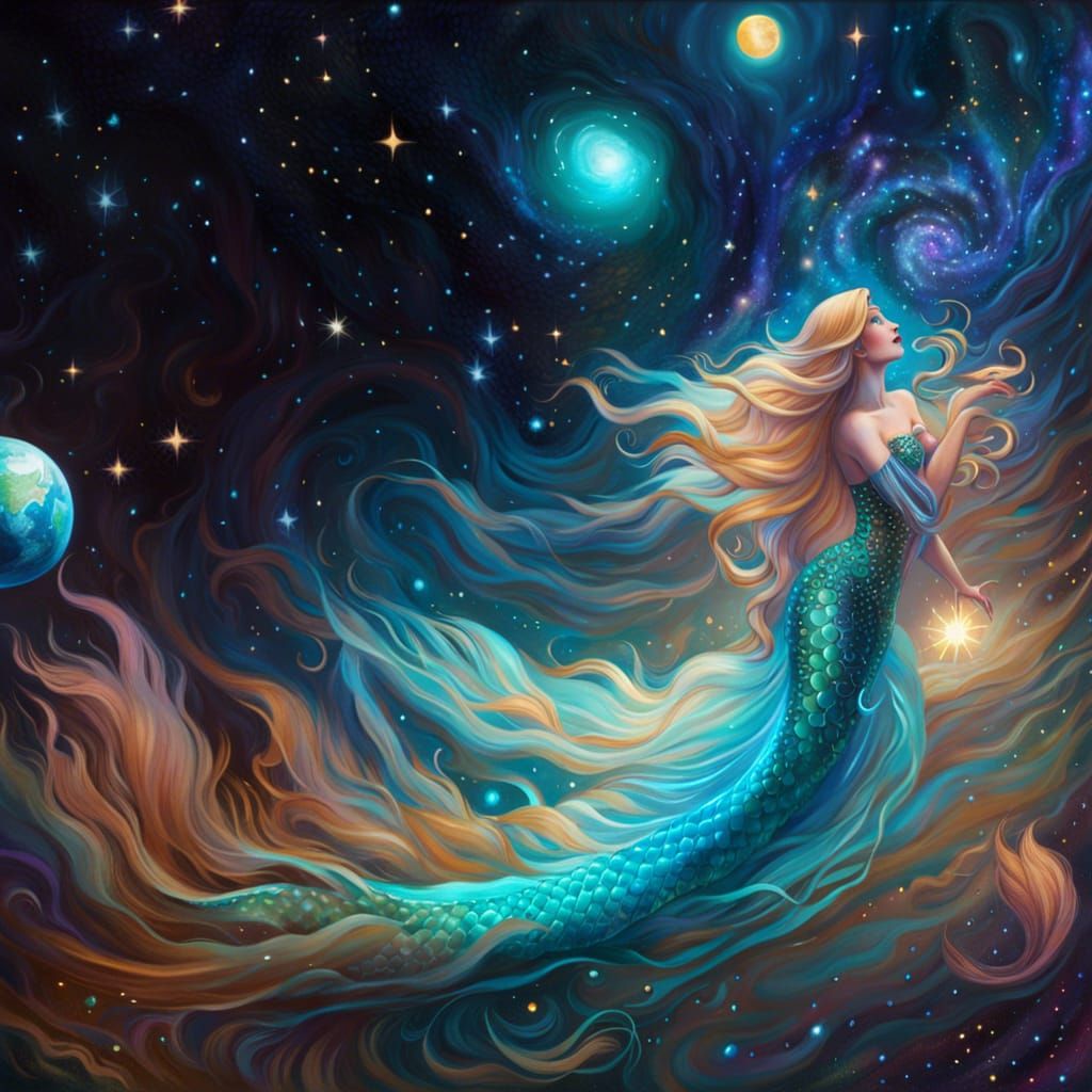 Ethereal Mermaid Floating in Starry Galaxy