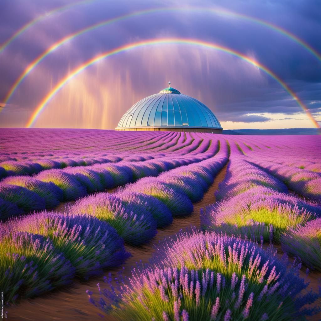 Lavender Field Under Rainbow Dome in Surrealist Style