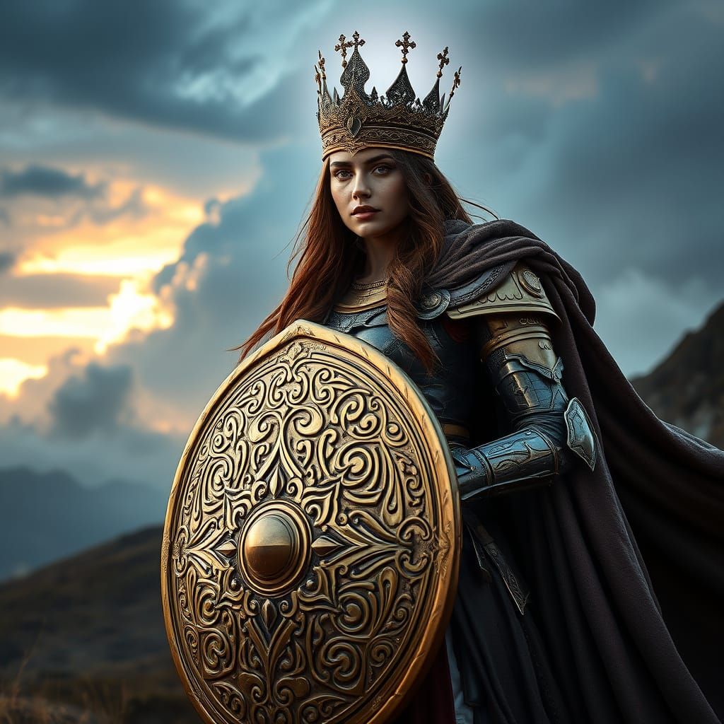 Regal Warrior Princess in Mystical Landscape with Glowing Cr...