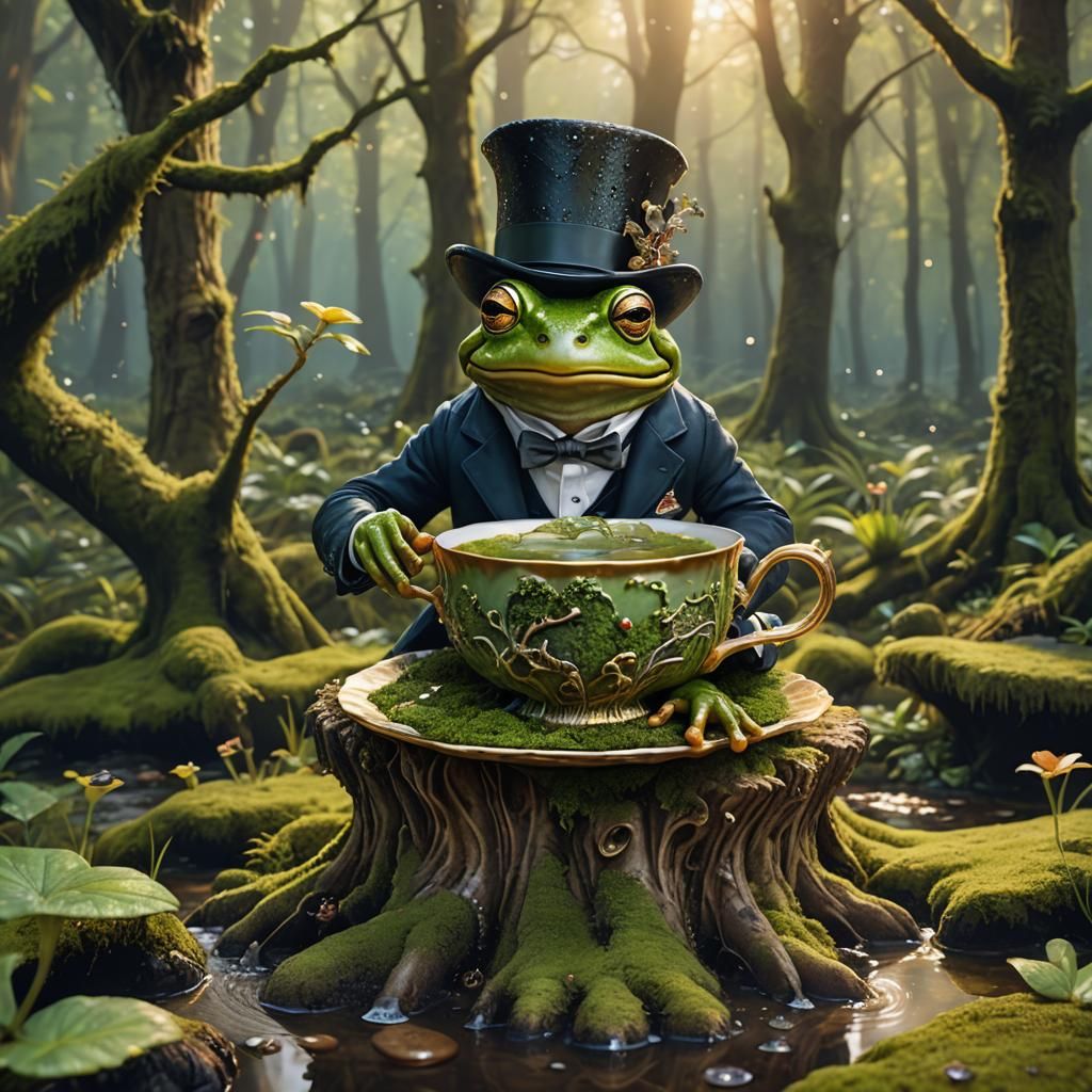 Frog in Top Hat Drinks Tea: Fantasy Art