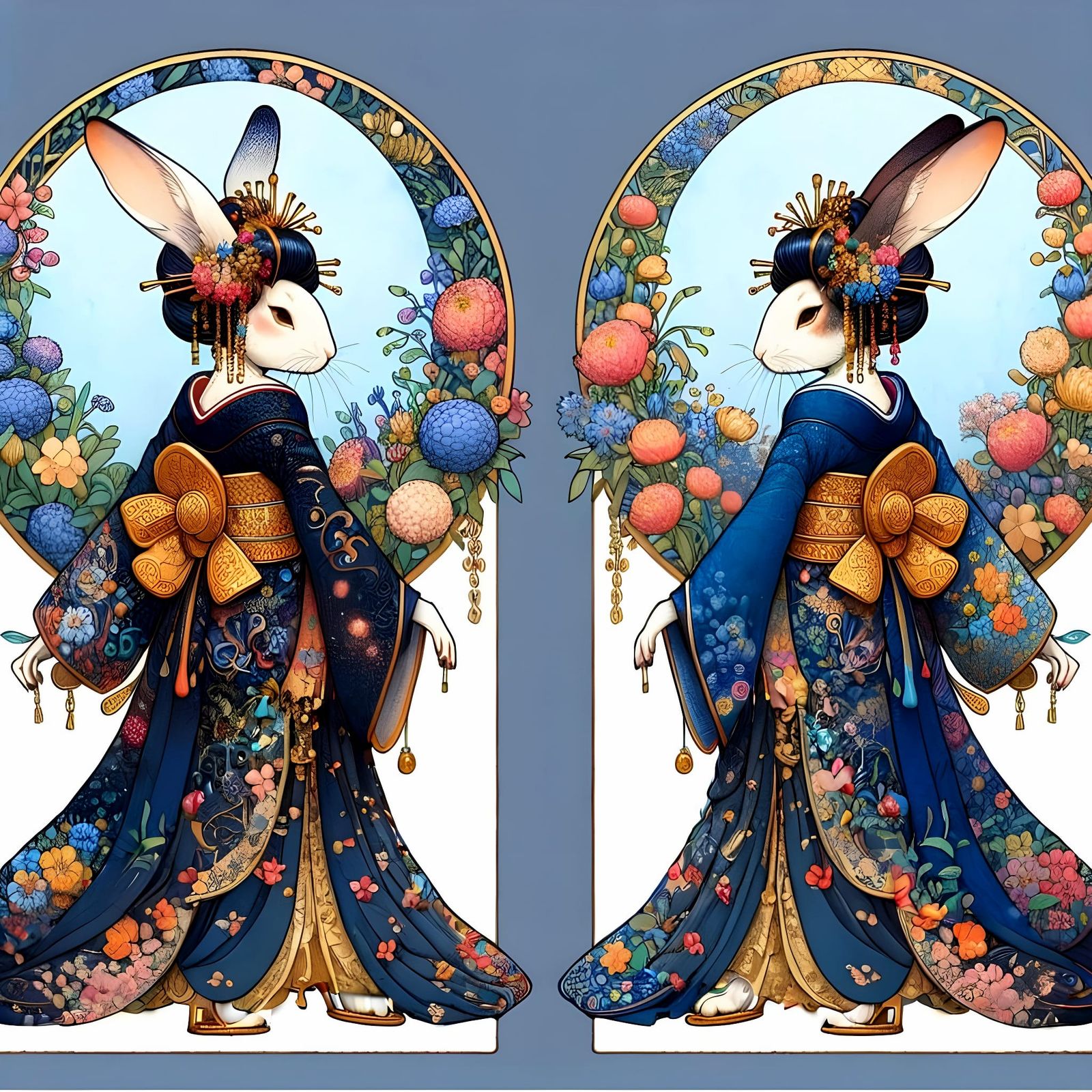 Whimsical Geisha Rabbit in Elaborate Kimono
