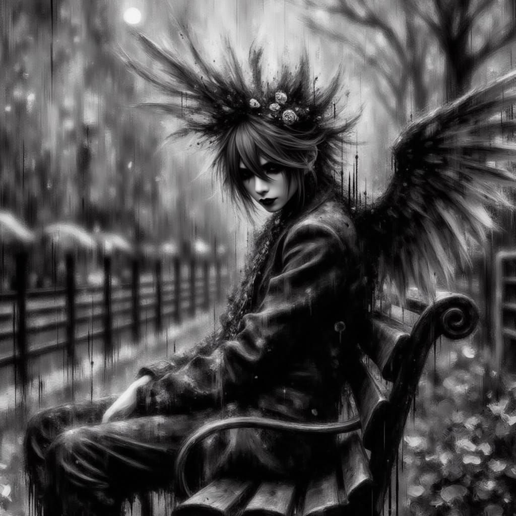 Dramatic Feline Angel on Park Bench