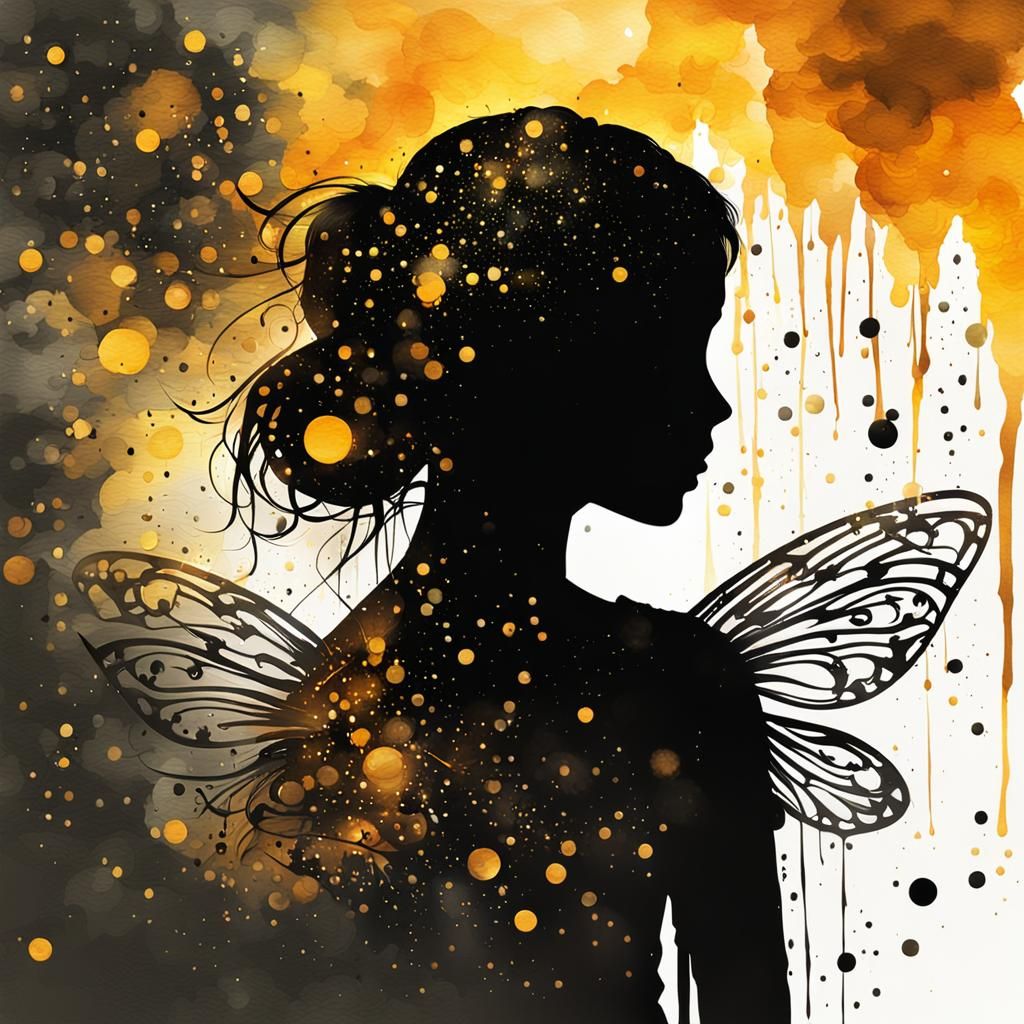 Golden Fairy Silhouette in Digital Watercolor Style