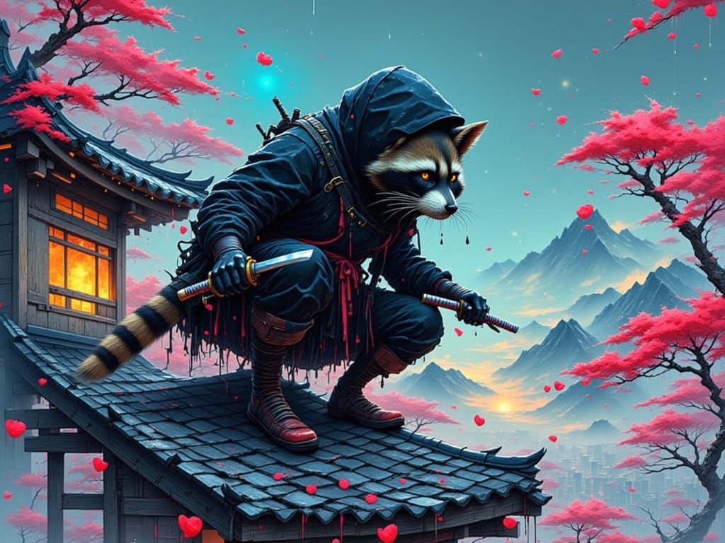 Ninja Raccoon on Snowy Rooftop in Anime Style