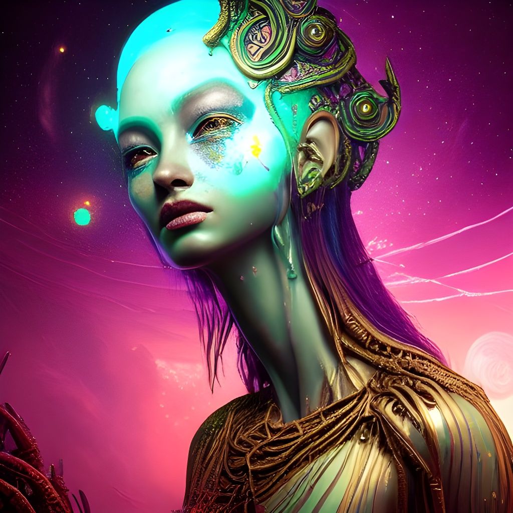 Alien Goddess in Cosmic Cafe: Hyperdetailed Fantasy Art