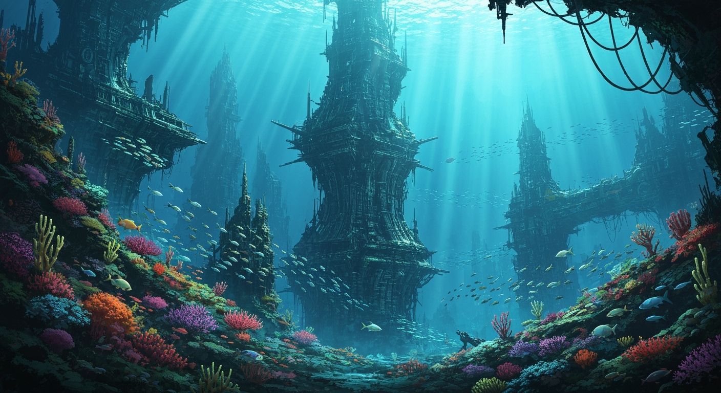 Underwater Ruined Futuristic City in Bioluminescent Light