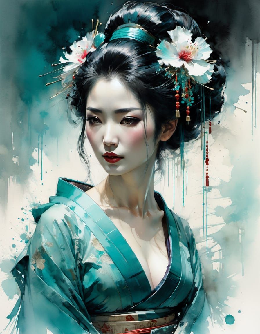 Dramatic Geisha in Teal Watercolor Painting