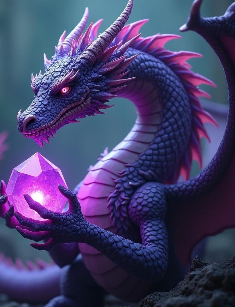 Iridescent Purple Dragon Holding a Gem: Fantasy Art