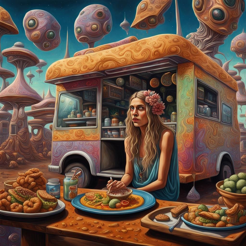 Hippy Woman at Alien Carnival: Surrealist Painting