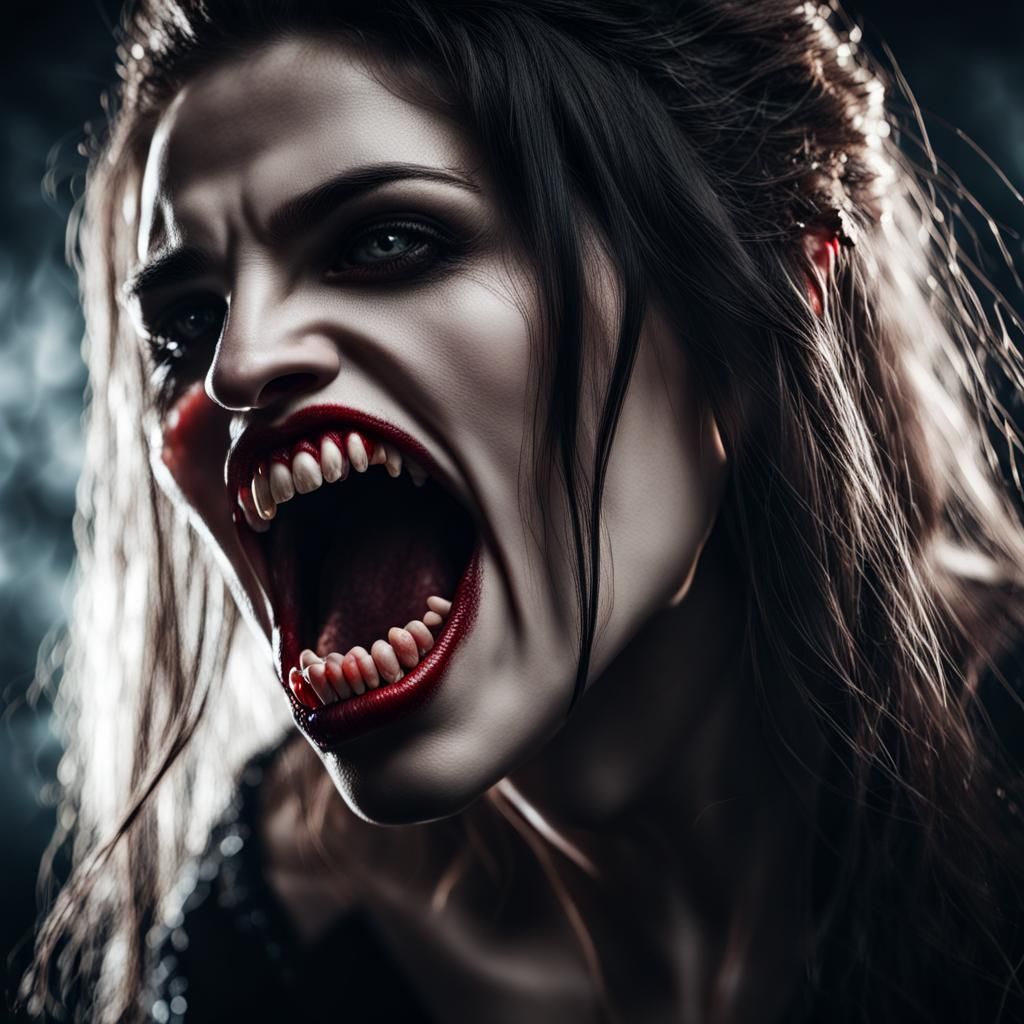 Hyperrealistic Female Vampire Biting Portrait