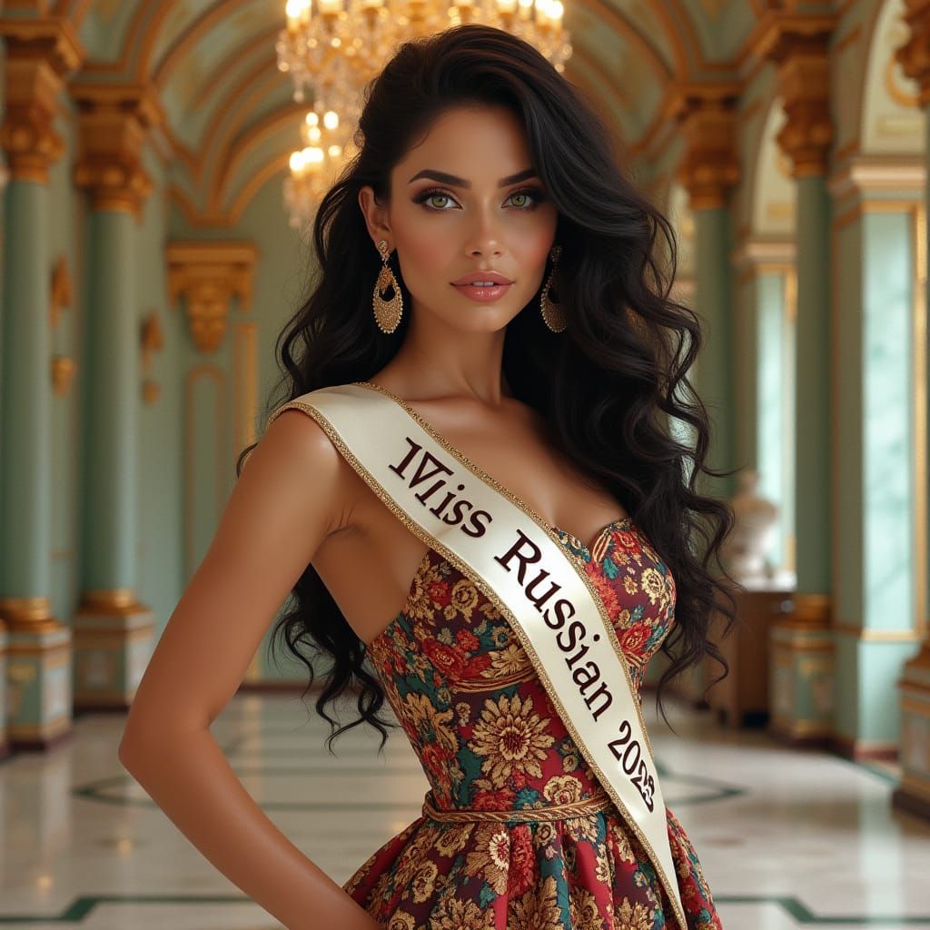 Glamorous Miss Russian 2026 in Opulent Fashion Illustration