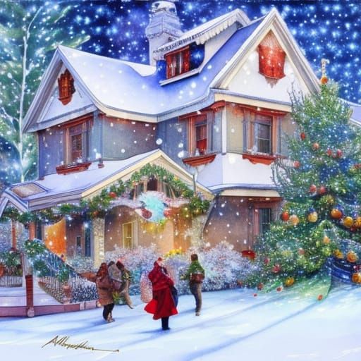 Watercolor Christmas house