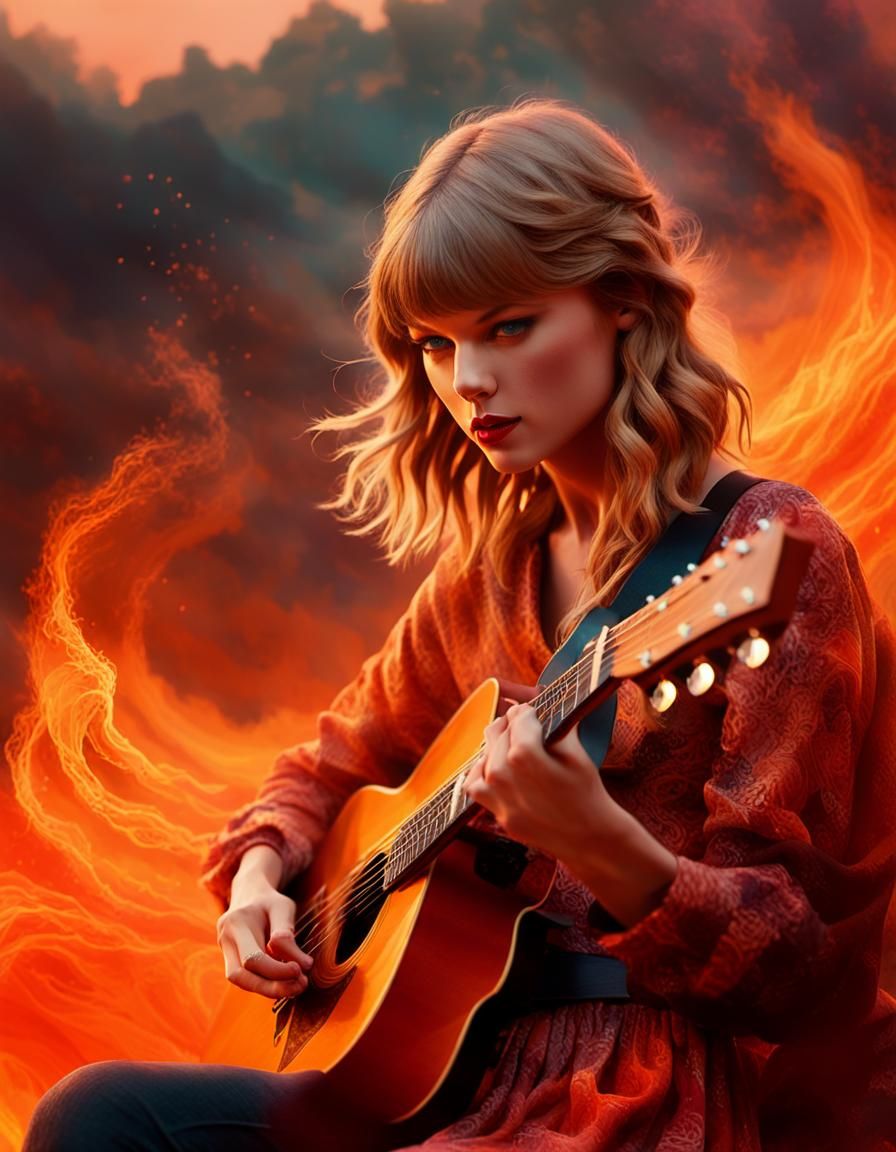 Musician Playing Guitar Surrounded by Swirling Patterns