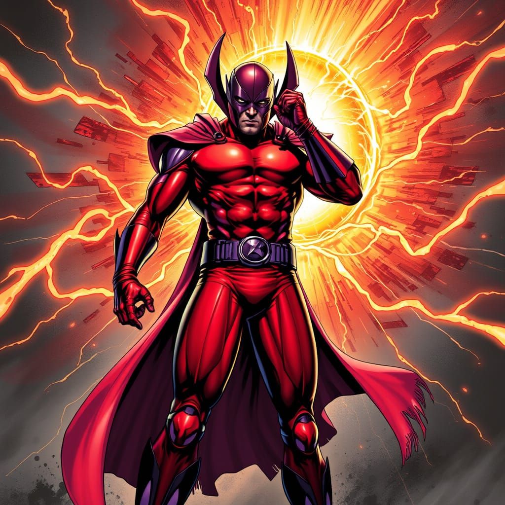 Magneto in Heroic Pose with Magnetic Vortex