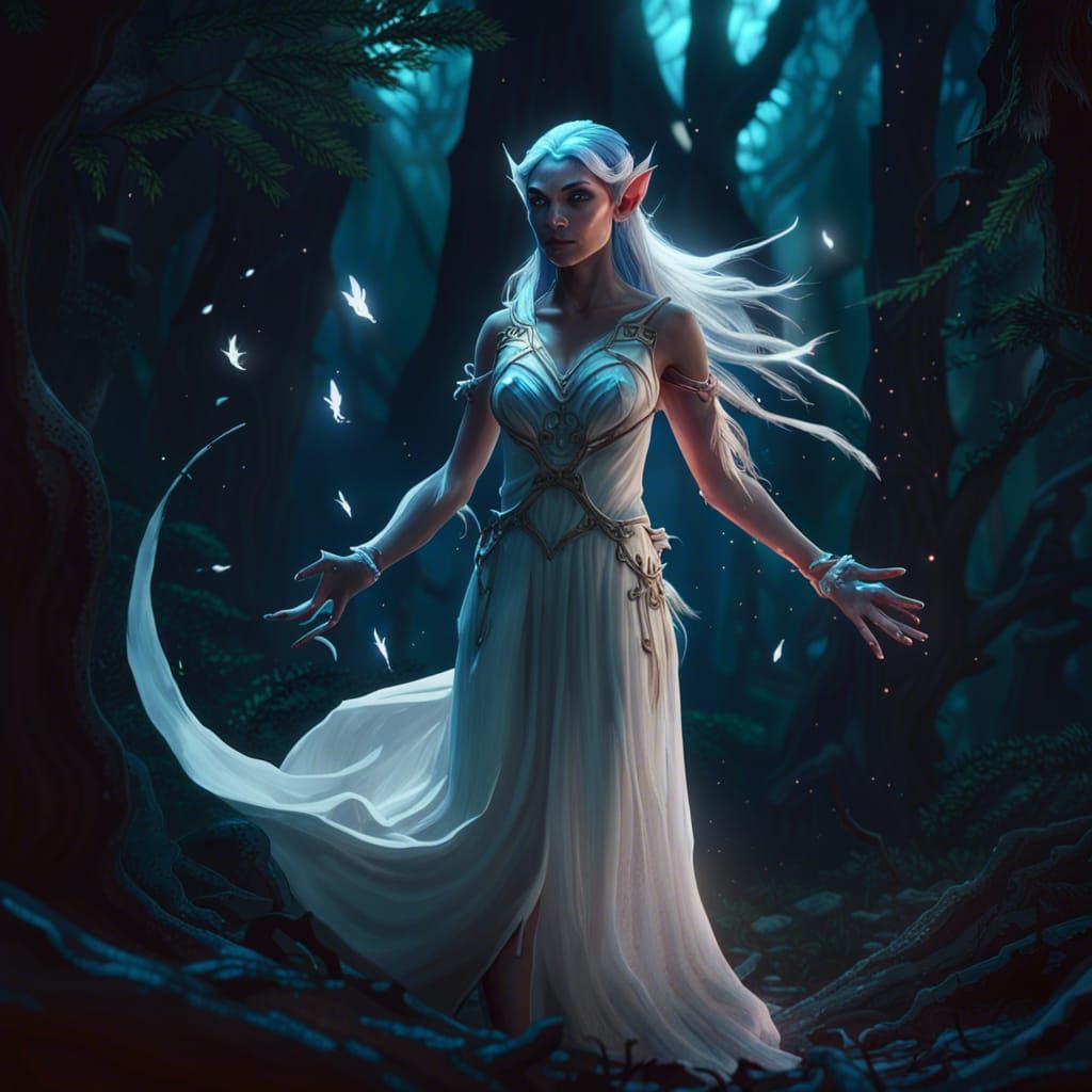 Enchanting Elf Woman Casting Spells in Dark Forest
