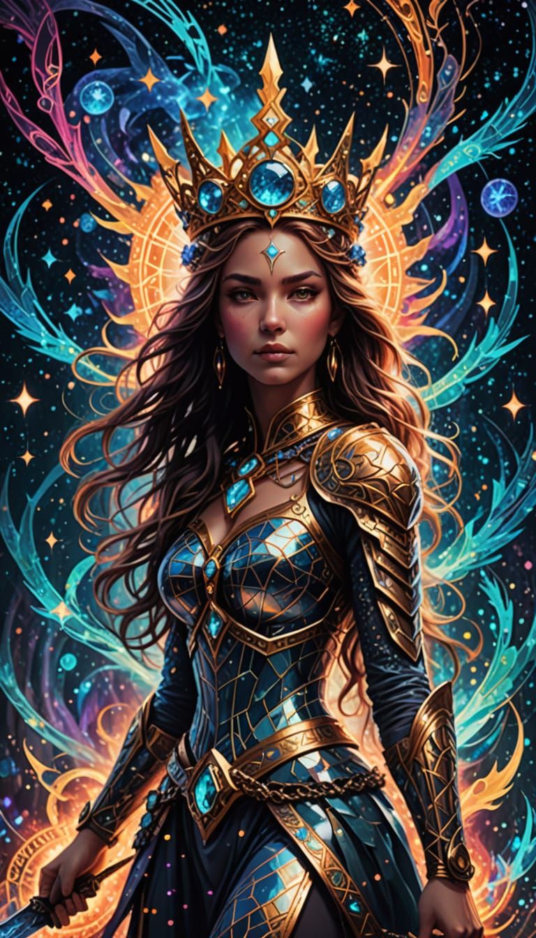 Ethereal Queen of the Cosmos with Sword and Lion