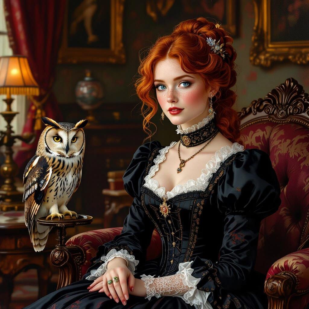 Victorian Woman Converses With Owl in Opulent Room