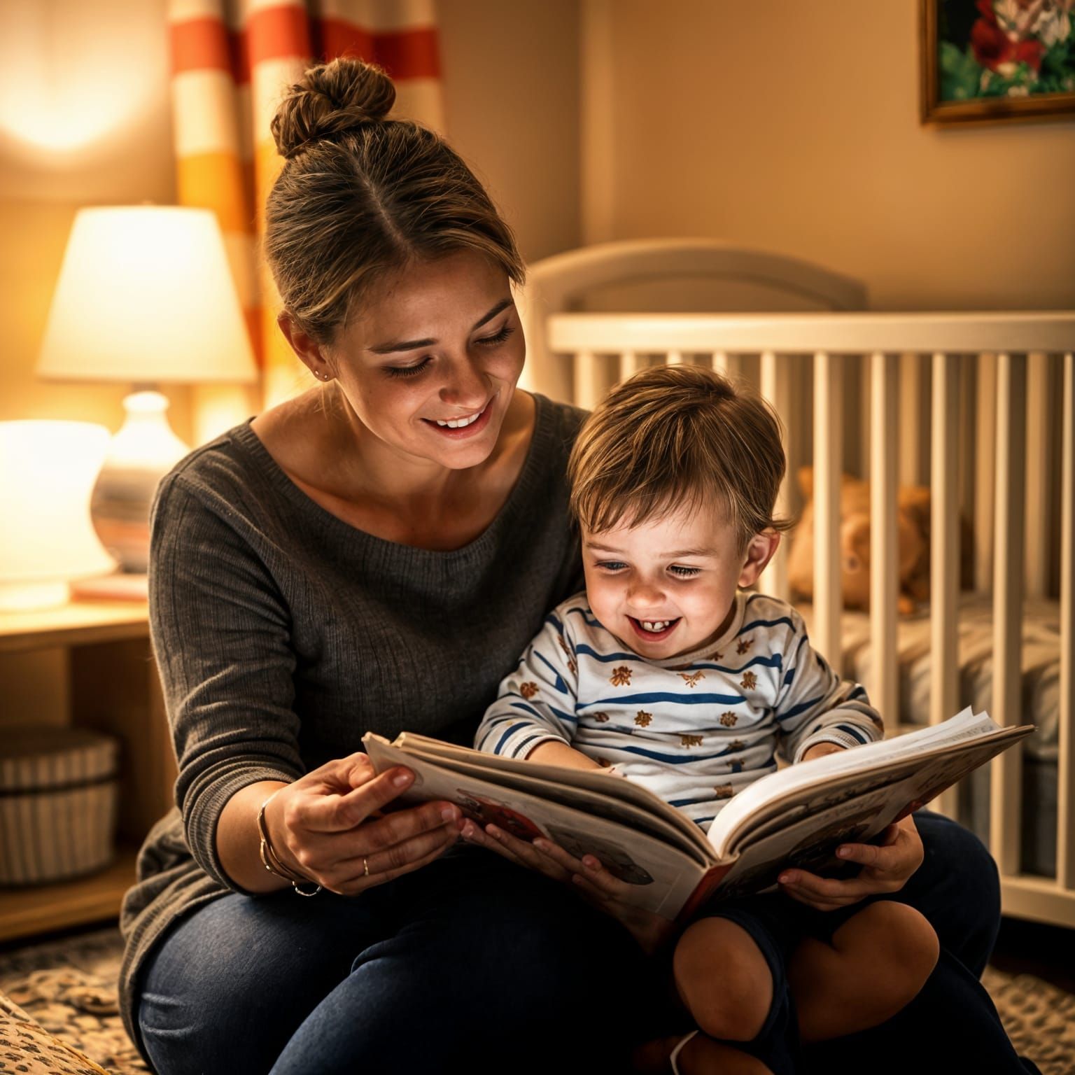 Toddler and Mother Reading Book in Nursery