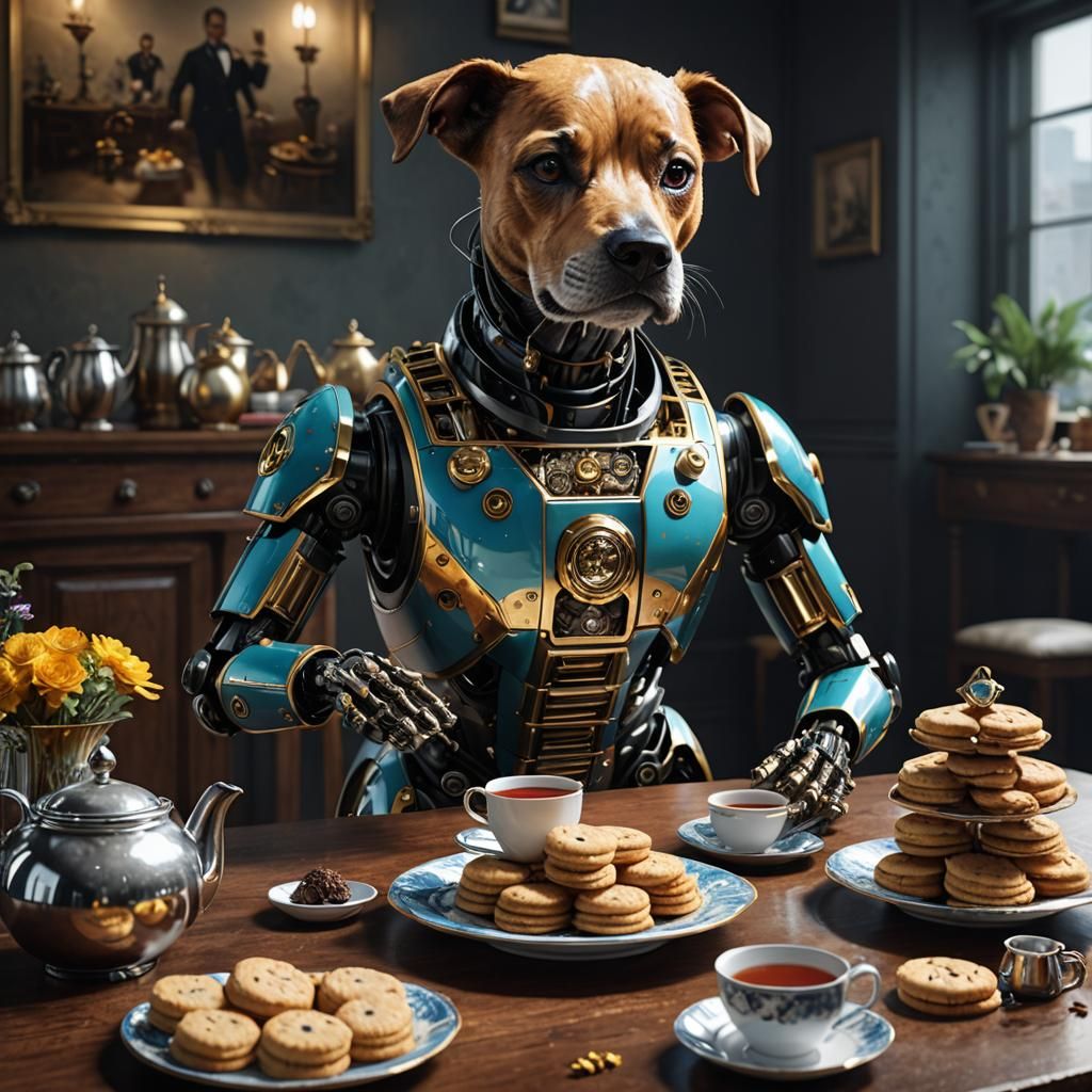 Robot Dog Butler Serving Tea, Hyperrealistic Digital Art