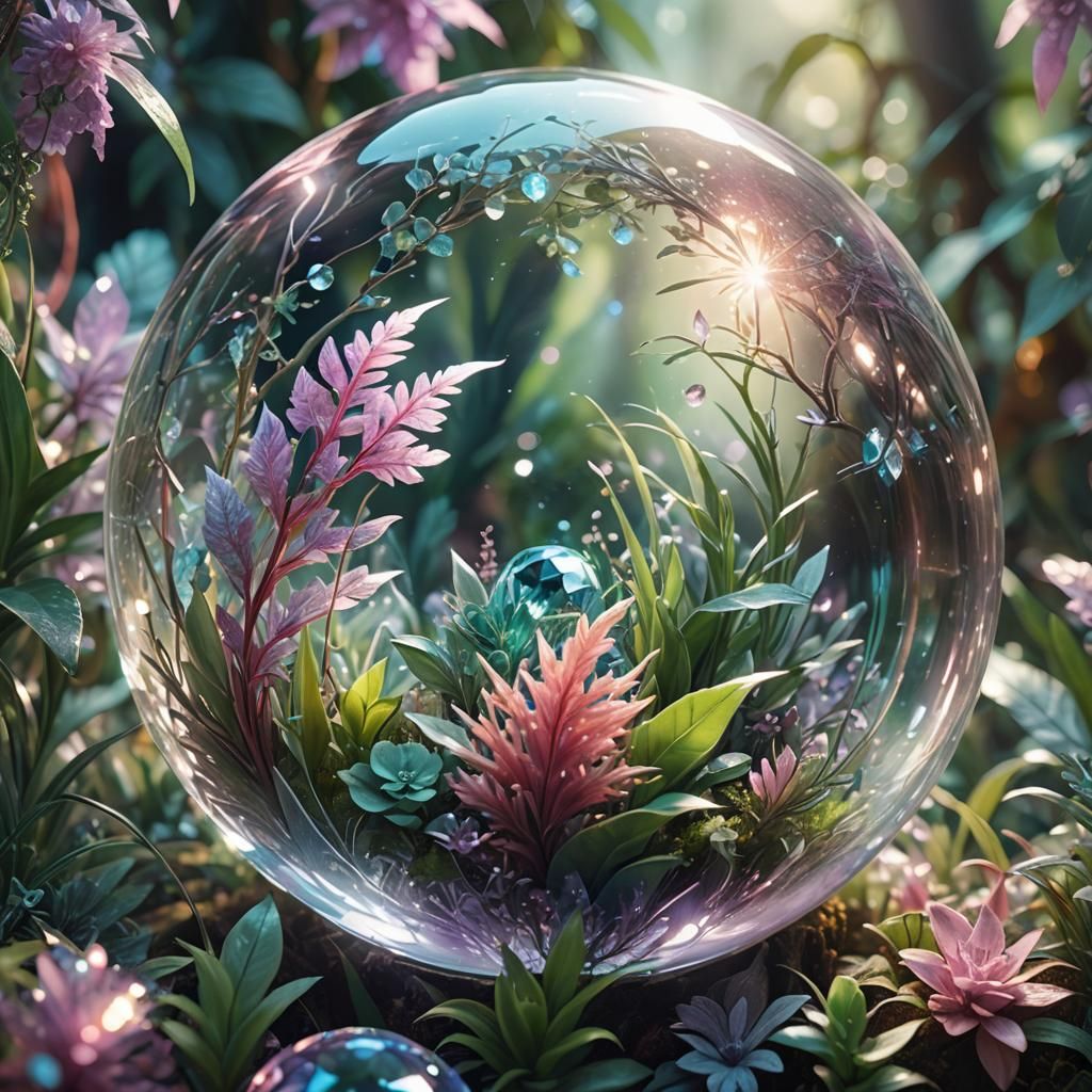Crystal Sphere with Vibrant Plants: Stylized Fantasy Art