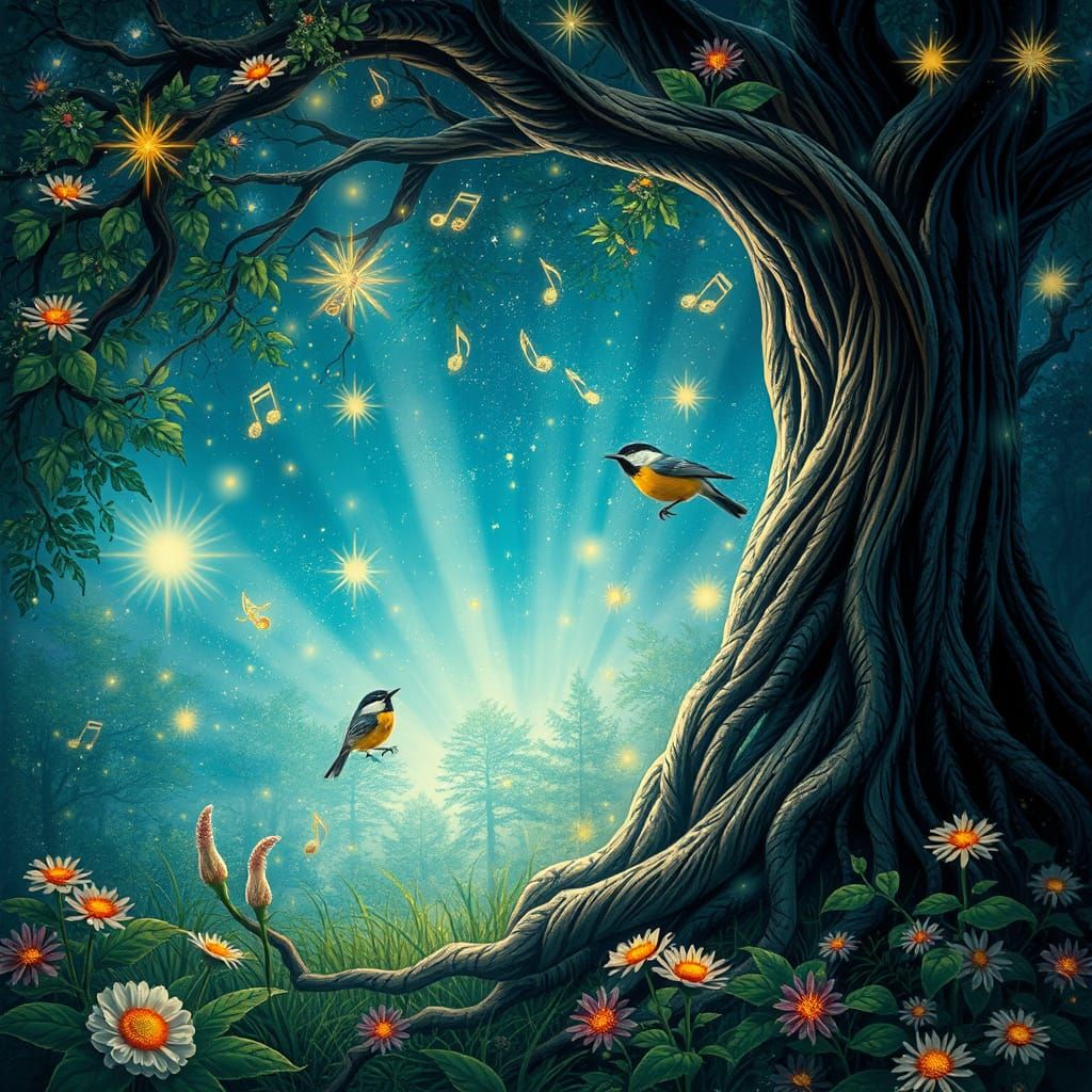 Whimsical Nightingale in an Enchanted Garden Scene