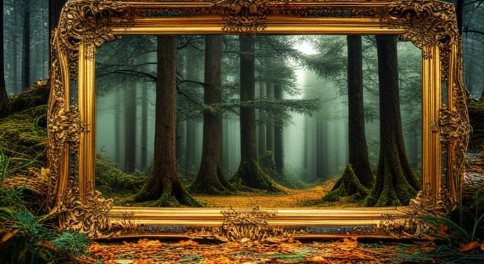 Ornate Gold Mirror Reflects Forest: Hyperrealistic 8k