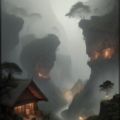 Sinister Village in Cliffs Under Tropical Rain