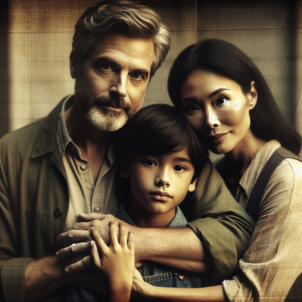 Emotional Family Embrace in Film Still Style