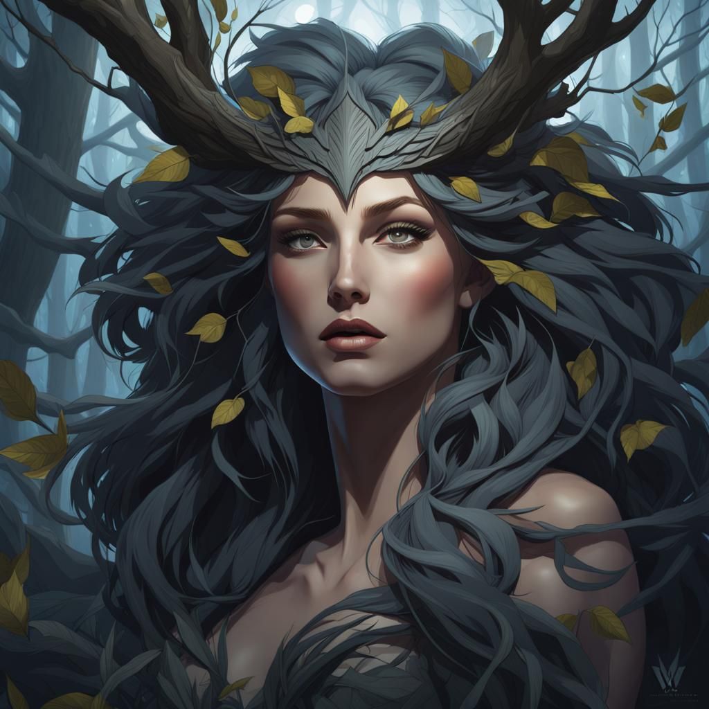 Dark Forest Dryad Portrait in Artstation Style