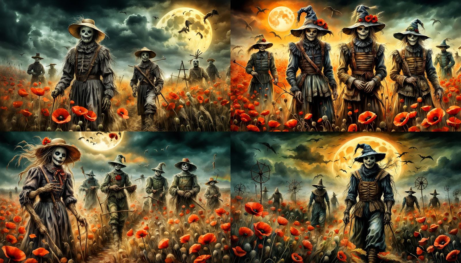 Eerie Poppy Field with Scarecrows, Dark Fantasy Art