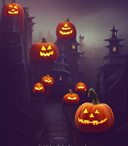 Halloween Pumpkin City in Biopunk Horror Style