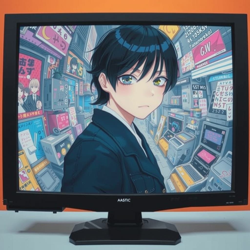 Girl Peers Out from Neon Computer Screen in Cyberpunk Style
