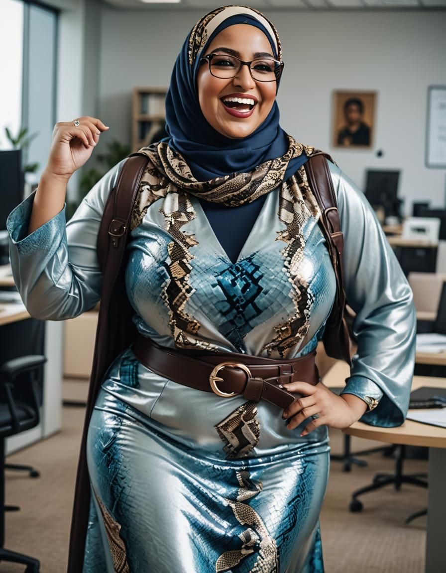 Psychedelic Hijabi Woman Dancing in Office