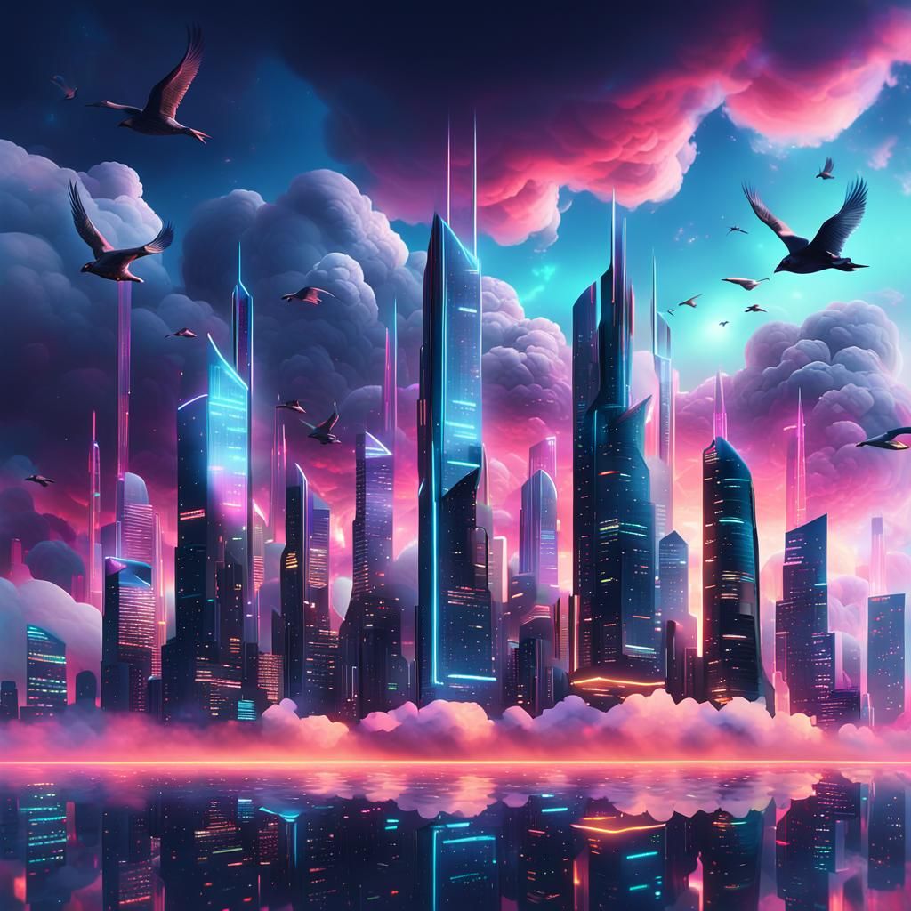 Futuristic Cityscape with Neon Lights in Digital Art